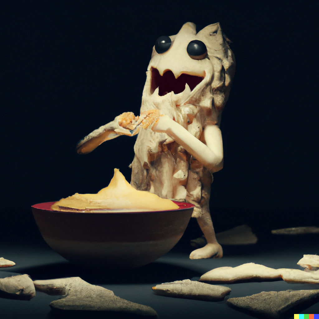 Imagen generada con DALL-E con el prompt 'giant evil monster made of hummus eatin hummus with dark background, 3d render postpunk'