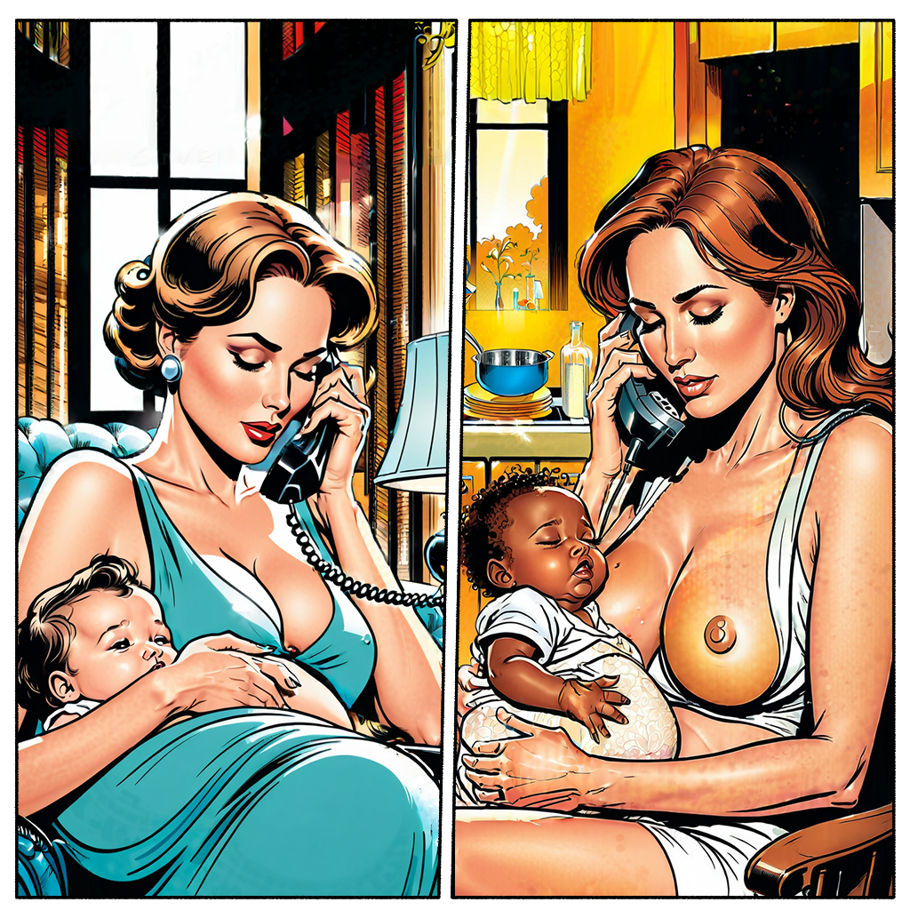 Composición de imagenes generadas con Fooocus a partir de los prompt 'wealthy mom having a phone call while breastfeeds her baby' y 'poor mom having a phone call while breastfeeds her baby girl' con el estilo 'MRE Comic' y utilizando posteriormente las técnicas de inpaint y outpaint