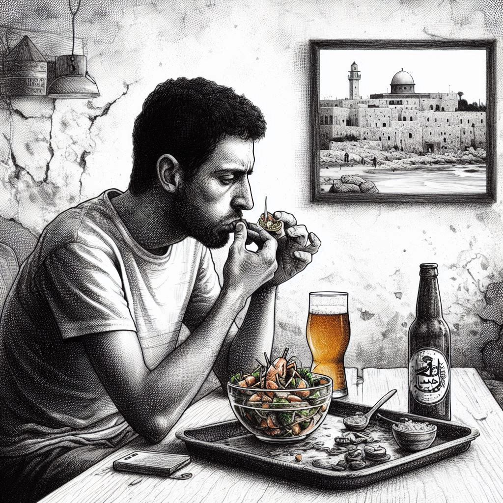 Imagen generada en Bing AI con el prompt 'dibujo de un hombre solitario comiendo ceviche y tomando cerveza en un bar, de fondo una pequeña foto de jaffa en arabe' 