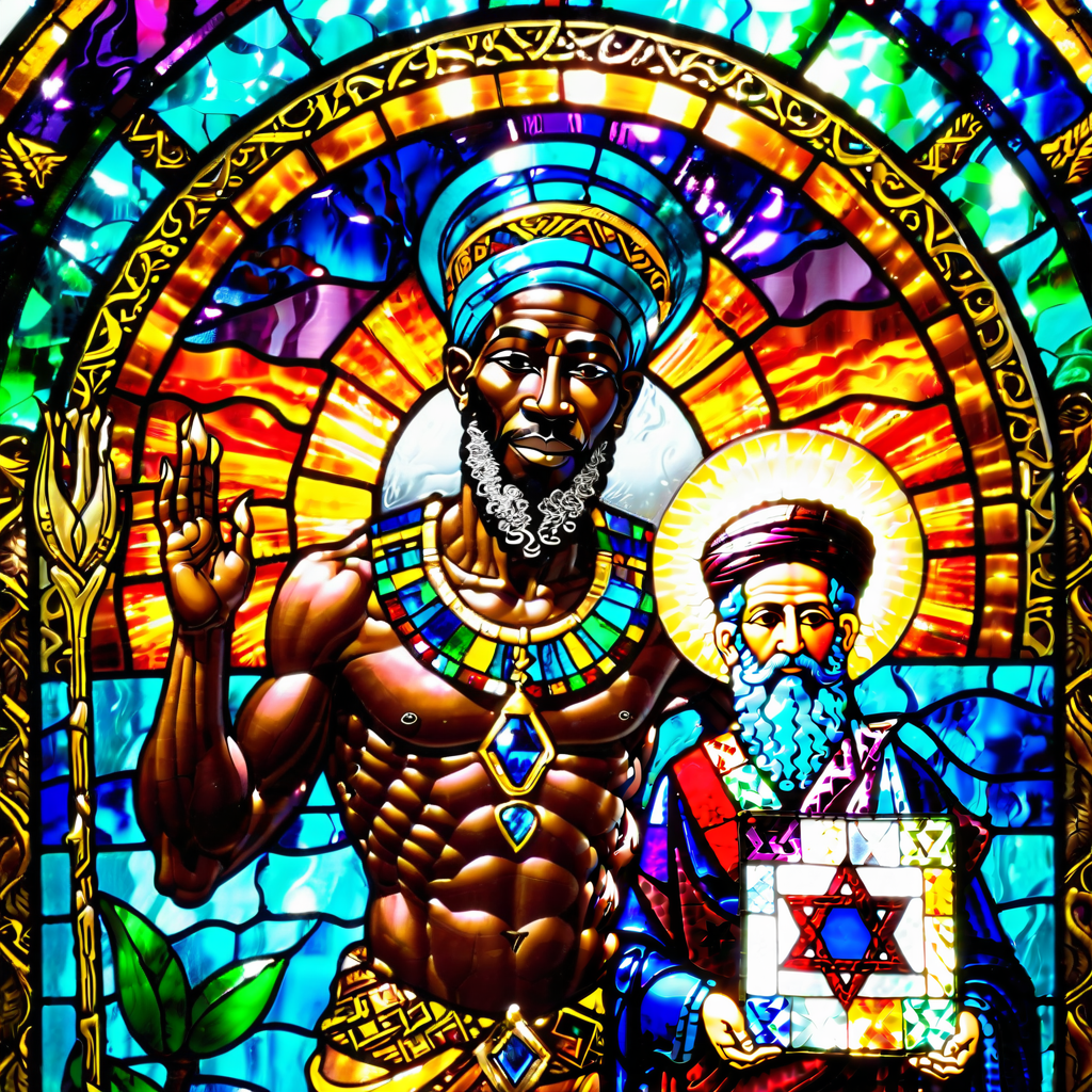 Imagen generada con Fooocus a partir de otra imagen generada previamente con Fooocus con el prompt 'an african god helping a humble jew' y el estilo 'Misc Stained Glass'